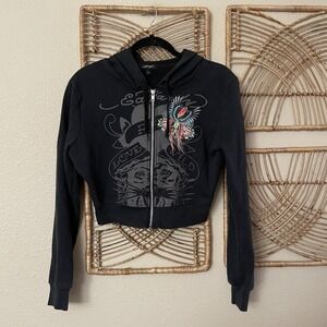 Vintage Y2K Ed Hardy Women's‎ Cropped Zip Up Hoodie Phoenix Tattoo Sz L B26